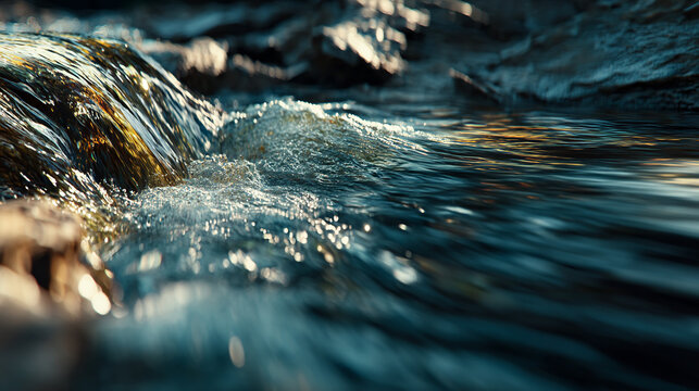 Close up of rapidly flowing water over rocks in a clean mountain stream
