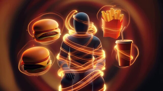 A person interacts with floating burgers, fries, and drinks in a lively diner setting. The scene is bright and full of energy.