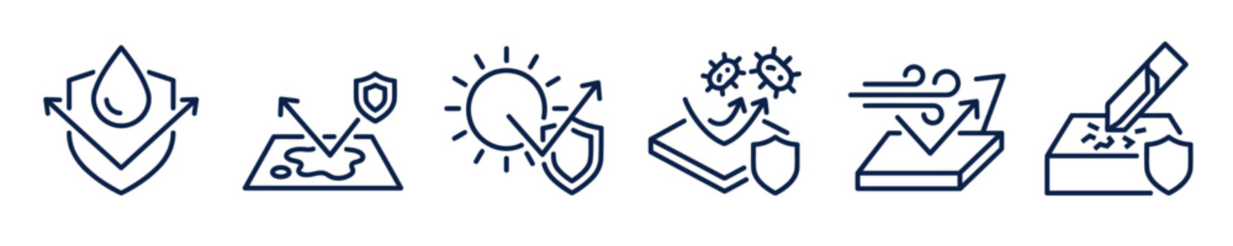 Surface Protection And Waterproof Technology Vector Icon Set Featuring Water Shield, UV Protection, Coating Layer, Wind Resistance And Scratch Resistant Symbols