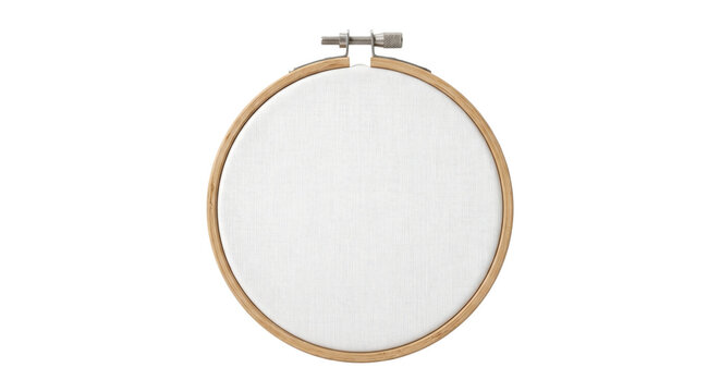 Wooden embroidery hoop with blank white canvas isolated on transparent background