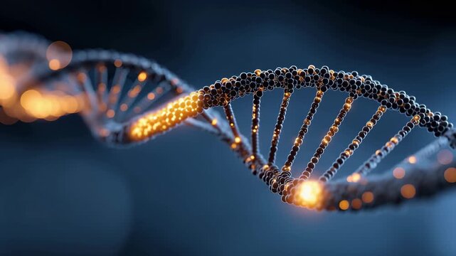 The video shows the complex structure of DNA with glowing elements highlighting its double helix form.