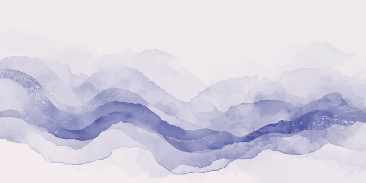 Abstract blue mountain landscape with clouds mist and sunrise sky