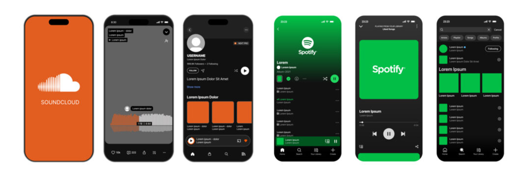 Spotify music and Soundcloud music streaming service mockup with music display theme, playlist interface, and playback screen design. Vector illustration for digital music platform