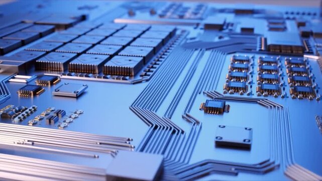 Abstract Circuit Board: A detailed close-up of a modern circuit board with intricate pathways and numerous electronic components, showcasing the complexity of technology.