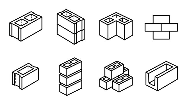Isometric collection of concrete block and brick line icons on isolated white background.