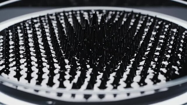 Black magnetic ferrofluid particles forming sharp vertical spikes in a symmetrical circular pattern under the influence of an electromagnetic field in a laboratory setting.
