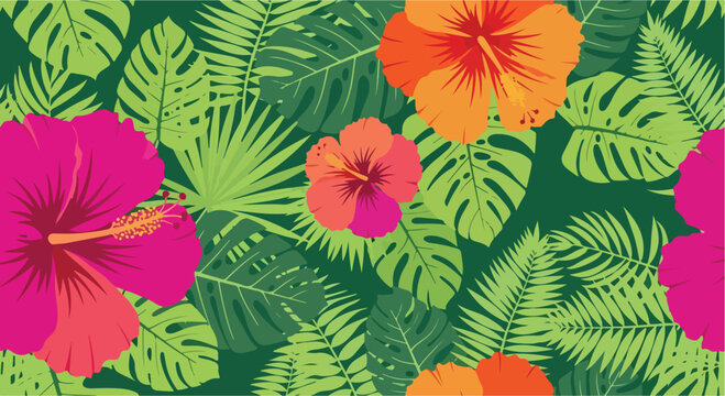 Tropical seamless pattern with hibiscus flowers and palm leaves, exotic jungle foliage vector background, summer floral textile print