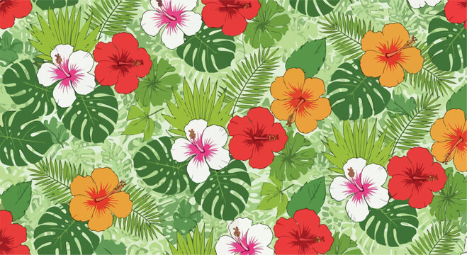 Tropical hibiscus flower seamless pattern, exotic jungle foliage with monstera and palm leaves, vibrant summer botanical vector background for textile design