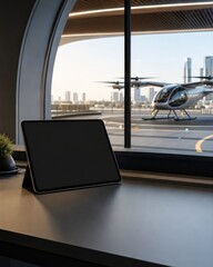 Fototapeta premium Modern Vertiport Terminal with eVTOL Aircraft and Blank Tablet Screen