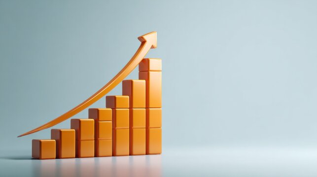 Upward Trend Graph: A 3D render of an orange bar chart with an arrow showing a consistent upward trend, symbolizing growth and positive progress in business or finance.