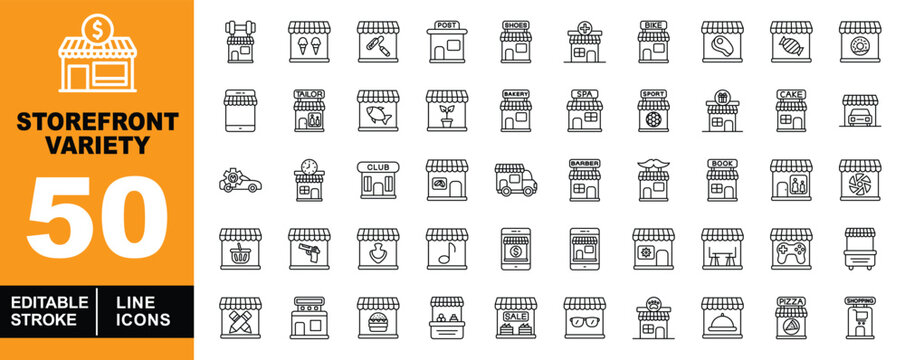Storefront variety set of web icons in line style. Containing gym, icecream, hammer, post, shoes, pharmacy, bike, meat, candy, donut, phone, tailor, fish, florist, bakery, spa. Editable stroke icons.