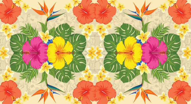 Tropical floral seamless pattern with hibiscus and monstera leaves, exotic botanical background for summer textile design, colorful jungle flower vector