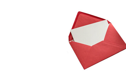 Open bright red paper envelope with a blank white note sheet inside for greetings on transparent background © Lobov