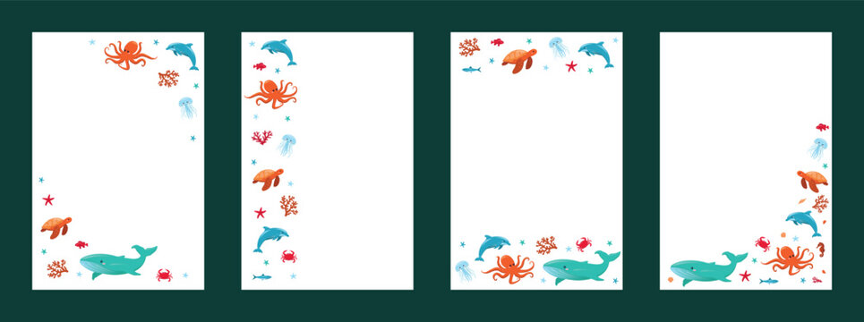 Cute sea animals frame templates set with whale, dolphin, octopus and sea turtle, marine life vertical borders flat vector illustration for kids stationery, invitation or nursery design