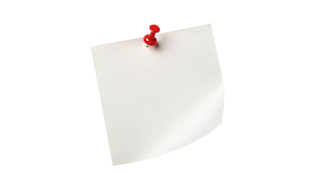 Square white paper note sheet pinned with a red push pin for messages on transparent background