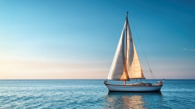 Sailboat gliding on calm sea at sunset horizon