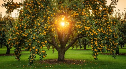 Obraz premium Plum orchard with ripe yellow fruit and sun shining through.