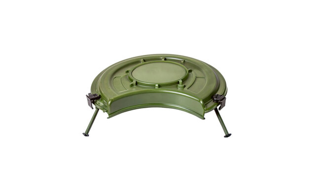 Green round military anti tank land mine explosive device for army combat defense operations on transparent background