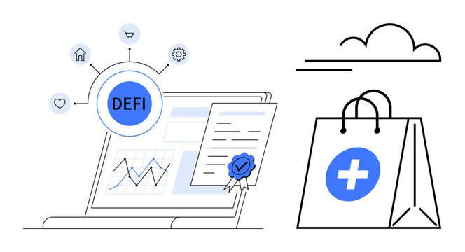 Financial technology, blockchain, decentralized economy, e-commerce, smart contracts, online shopping. A laptop with DEFI symbol, graphs and documents alongside a shopping bag. Blockchain