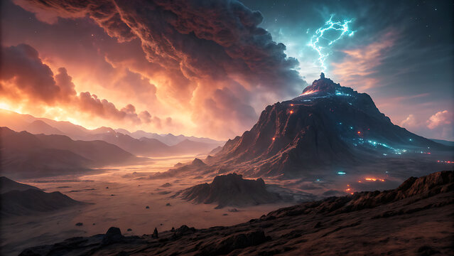 Dramatic landscape of mountain with lightning in the sky