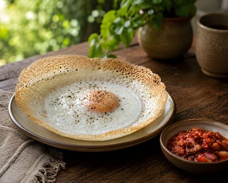 Traditional Sri Lankan Egg Hopper With Spicy Sambol on Rustic Wooden Table