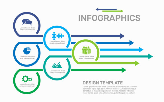 Modern business infographic design template with circles, horizontal arrows, icons, and text blocks. Vector illustration.