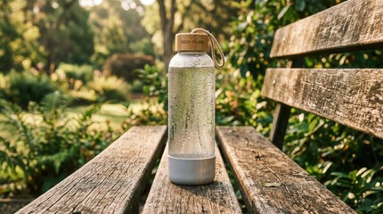 Naklejka premium Glass Water Bottle with Condensation on Outdoor Wooden Bench