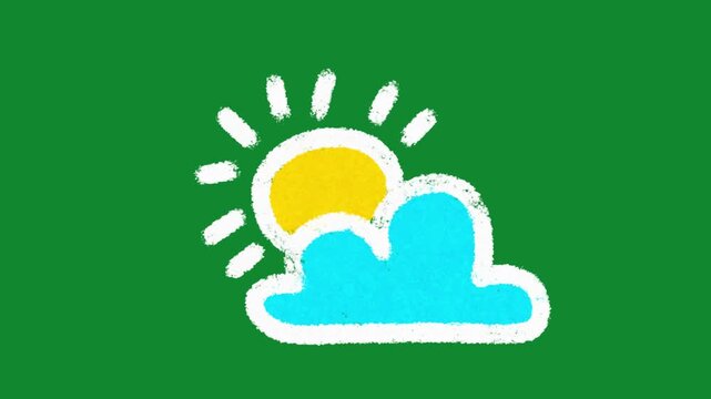 Hand Drawn 2D Animated Cute Weather Sun and Cloud Cartoon Motion Graphic Element on Green Screen