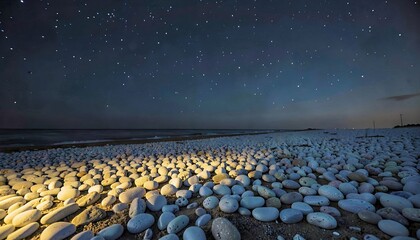 Obraz premium 夜空の下 輝く石浜の風景