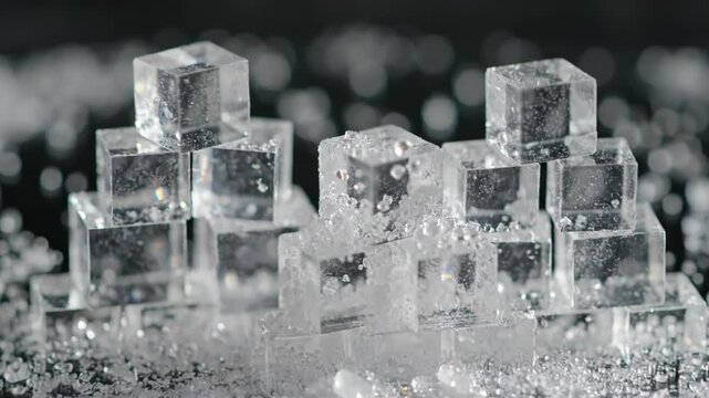 Extreme close-up macro view of translucent salt crystals forming perfect cubic structures with detailed surface textures, soft focus backgrounds and subtle light refraction.