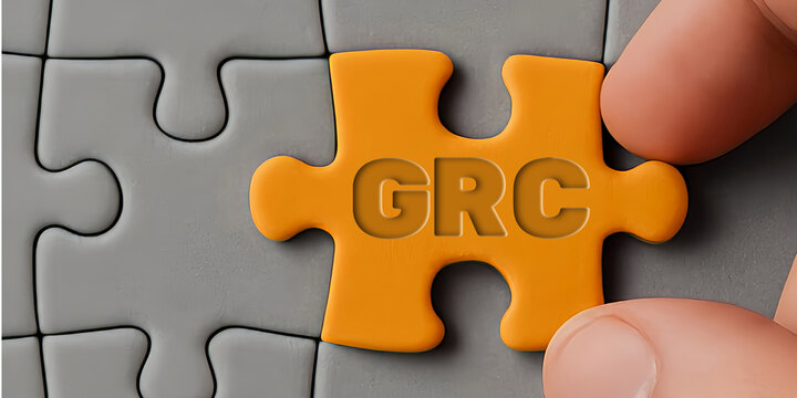 Hand placing puzzle piece with GRC text corporate compliance business strategy