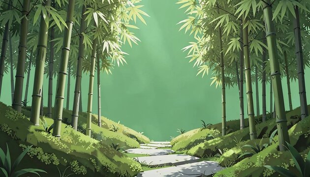 緑深い竹林の小道、幻想的な光景
