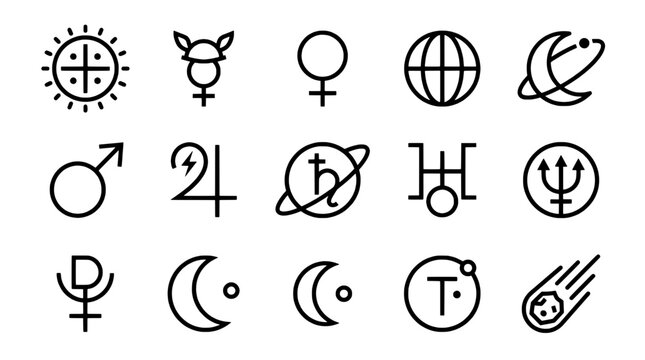 Astrological symbols set with celestial and planetary icons featuring zodiac, sun, moon with earth and venus elements for mars, mercury projects,