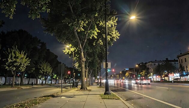 夜景の街並み 緑多い歩道と街灯