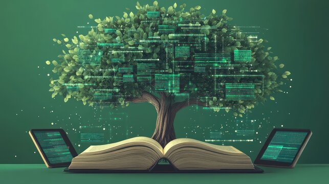 Digital Knowledge Tree, Open Book, Tablets, Learning