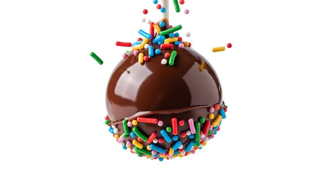 Chocolate cake pop with rainbow sprinkles, sweet dessert on white background