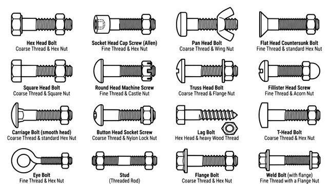 Bolts and screws set with various types and nuts featuring hex head bolt, socket head cap screw, pan head bolt with flat head countersunk bolt and