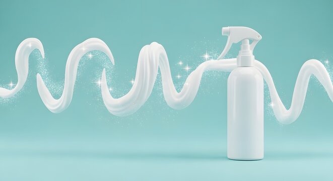 White spray bottle with cleaning foam, soapy swirl on teal background
