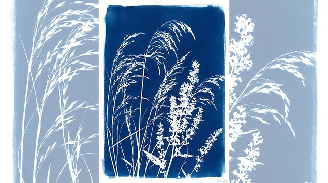 Blue cyanotype print of wild meadow grass and dried flowers