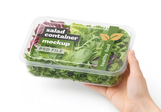 Plastic Salad Container Packaging Mockup Held In Hand