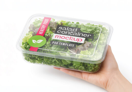 Plastic Salad Container Packaging Mockup Held In Hand