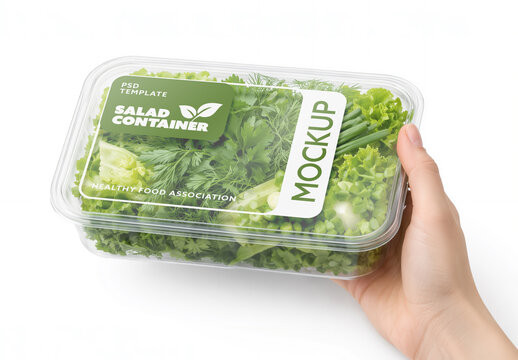 lastic Salad Container Packaging Mockup Held In Hand With Fresh Herbs