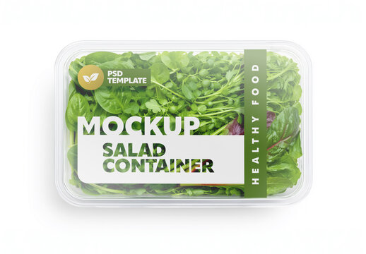 Plastic Salad Container Packaging Mockup Top View With Mixed Fresh Greens