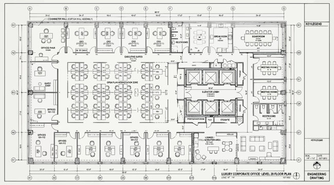 Architectural floor plan of a luxury corporate office level 20 with detailed layout of workstations, executive suites, meeting rooms, and amenities
