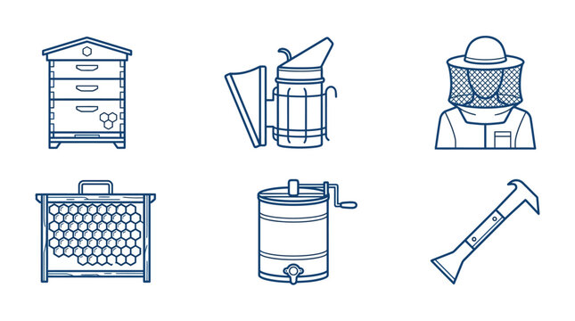 Beekeeping Tools and Equipment Icons Set on Isolated White Background