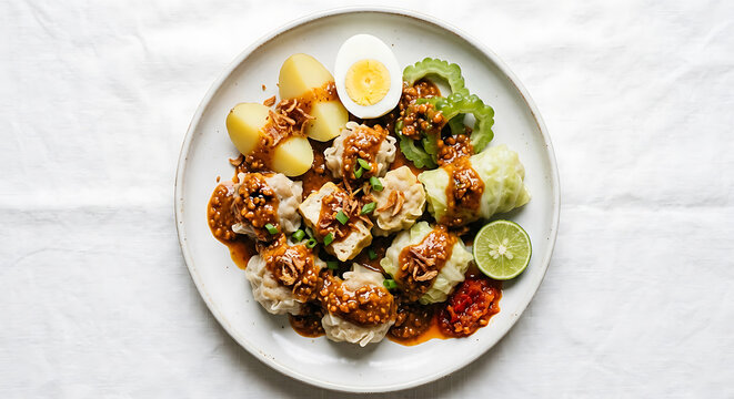 Siomay Baso Tahu Bandung traditional West Java steamed fish dumpling with peanut sauce, Indonesian street food