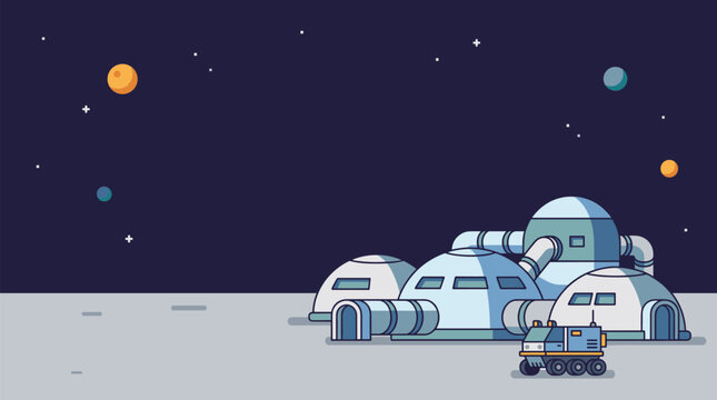 Flat minimalist indigo and slate tones outlining a futuristic lunar colony featuring interconnected dome habitats and autonomous exploration rover for the moon landing anniversary.