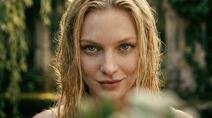 Naklejka premium Close-up portrait of a young woman with blonde hair and blue eyes smiling