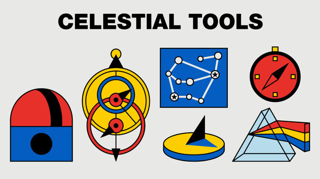 Light refraction through prism, sundial shadow, astrolabe rings, and constellation map elements grouped under Celestial Tools for Moon Landing Anniversary.