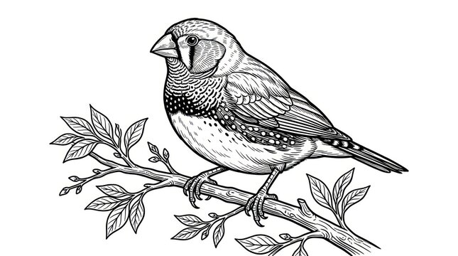 Zebra Finch Bird Perched on Branch, Detailed Line Art Illustration, Black and White